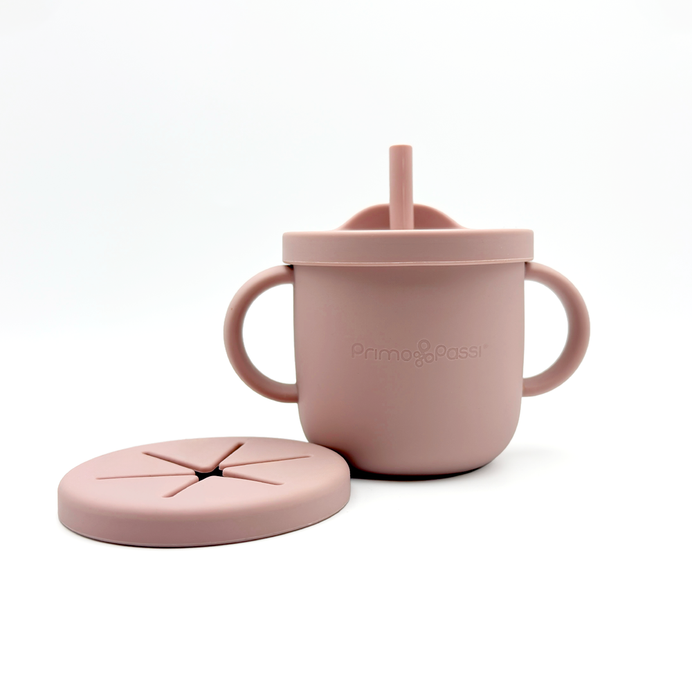 Primo Passi rose pink silicone training cup with handles, straw, and matching lid