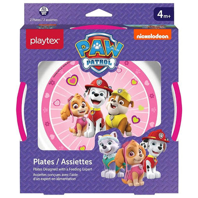 Playtex Paw Patrol plates for girls, featuring characters on a pink background; includes two plates designed for ages 4+.