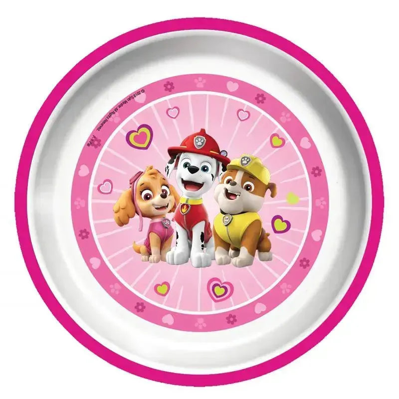 Playtex Baby Mealtime Paw Patrol plates for girls featuring Skye, Marshall, and Rubble on a pink background with hearts.