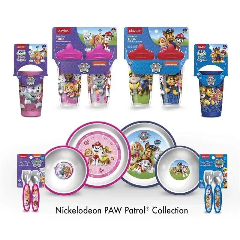 Playtex Baby Mealtime Paw Patrol plates and cups set, featuring colorful characters from the show, designed for girls.