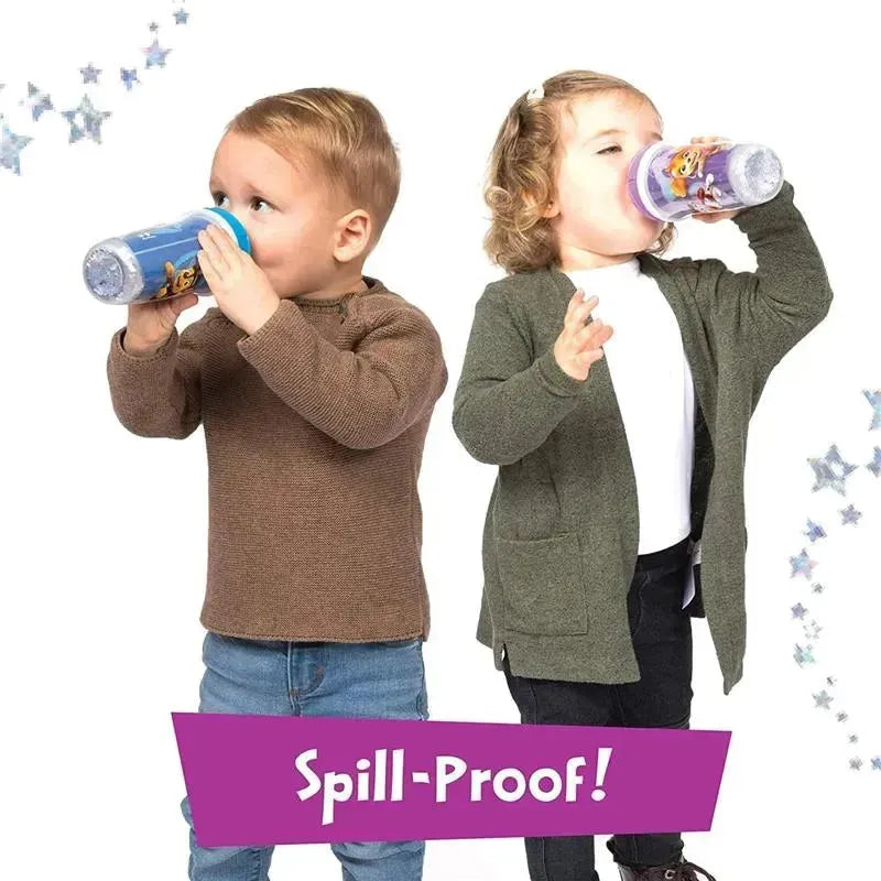 Two children drinking from Playtex Baby Sipsters sippy cups, showcasing their spill-proof feature. Stars in the background.