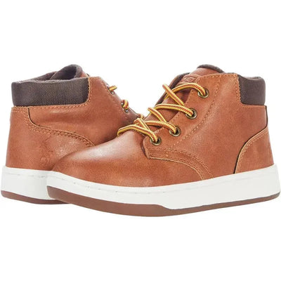 Tan burnished Polo Ralph Lauren baby Court sneaker boots with brown accents and white soles, featuring yellow laces.