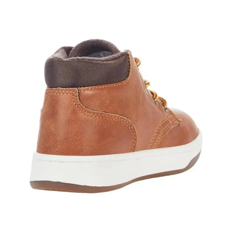 Tan burnished Polo Ralph Lauren Baby Court Sneaker Boot featuring a padded collar, lace-up design, and white rubber sole.
