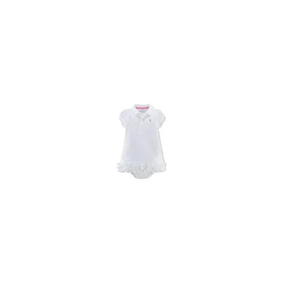 Ruffled white polo dress for baby girls with short puff sleeves and a pink collar detail.
