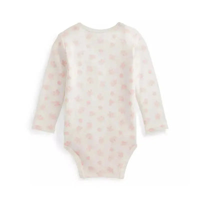 Long-sleeve organic cotton baby bodysuit in pink with a soft floral pattern, designed for comfort and style.