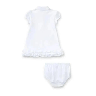 Ruffled white polo dress for babies with matching bloomer, featuring short sleeves and a decorative ruffle hem.