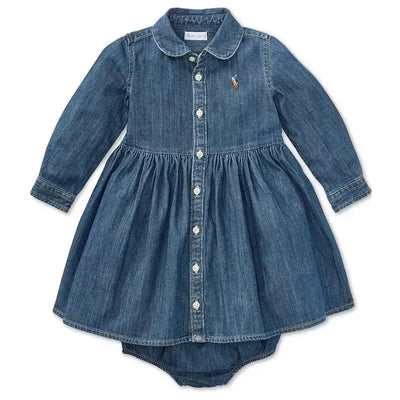Shirred denim shirtdress for babies in indigo, featuring a collar, button front, and iconic logo embroidery.