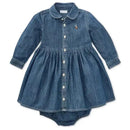 Shirred denim shirtdress for babies in indigo, featuring a collar, button front, and iconic logo embroidery.
