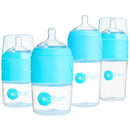 Baby bottle starter set featuring four blue Pop Yum bottles with clear bases and nipple lids for easy feeding.
