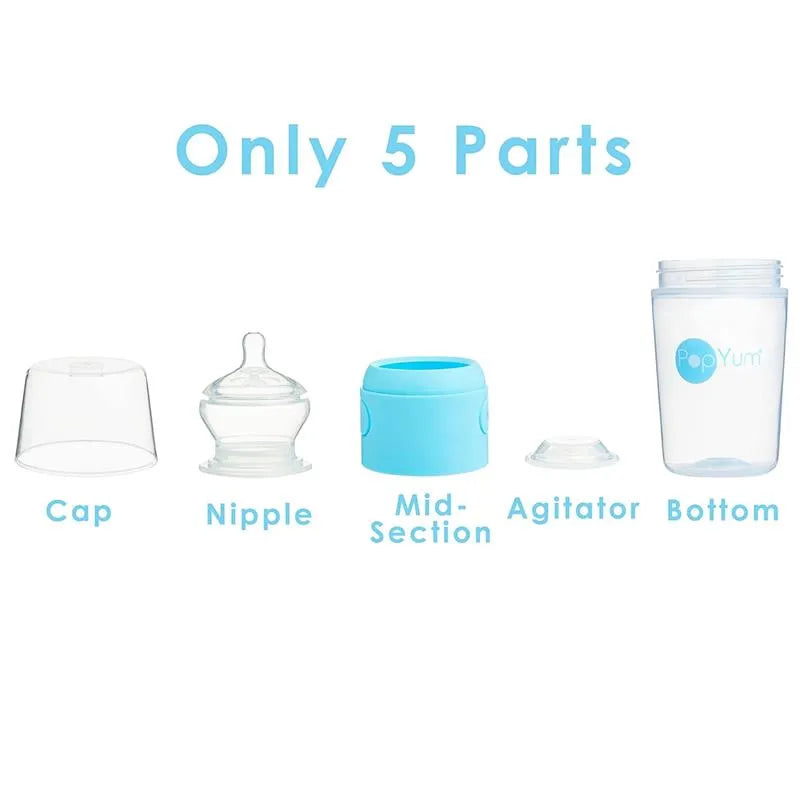 Pop Yum Baby Bottle Starter Set 4 Pack, Blue, displaying components: cap, nipple, mid-section, agitator, and bottom.