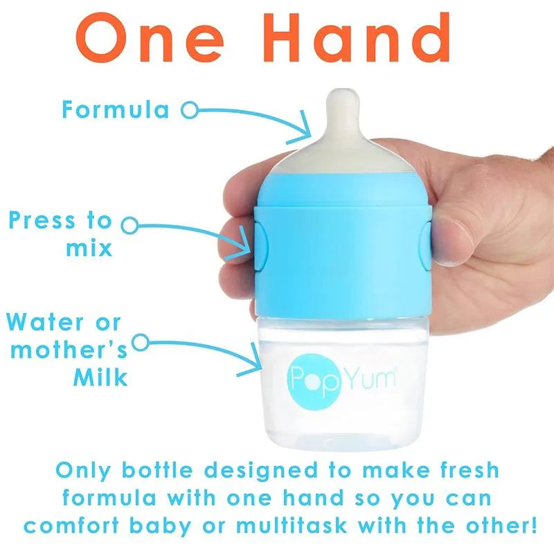 Baby bottle starter set featuring Pop Yum design in blue, highlighting one-handed mixing for formula or milk.
