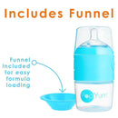 Pop Yum baby bottle starter set in blue, featuring a funnel for easy formula loading.