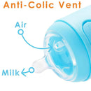 Anti-colic baby bottle with blue design, featuring an anti-colic vent for airflow and milk flow directions.
