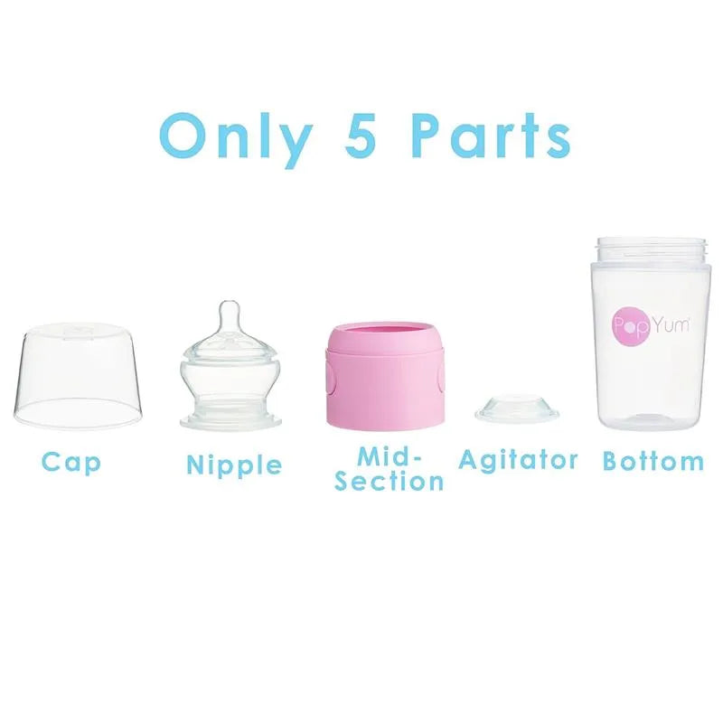 Pop Yum Baby Bottle Starter Set 4 Pack in pink, displaying five parts: cap, nipple, mid-section, agitator, and bottom.