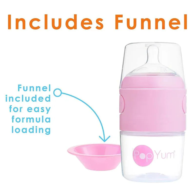 Pop Yum Baby Bottle Starter Set in pink, featuring a clear bottle and included pink funnel for easy formula loading.