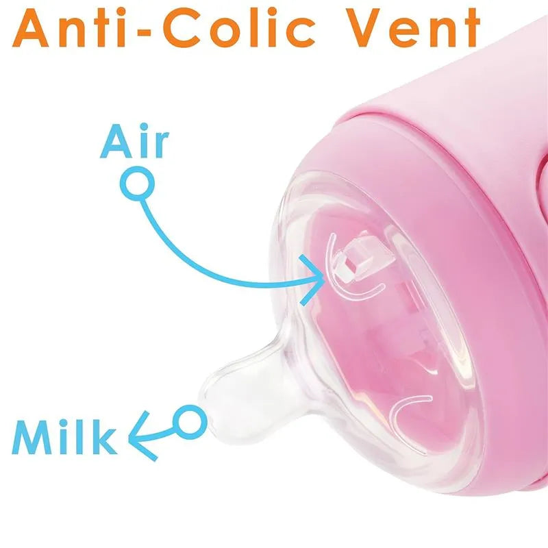 Pink baby bottle from the Pop Yum Starter Set, featuring an anti-colic vent with labeled arrows indicating air and milk flow.
