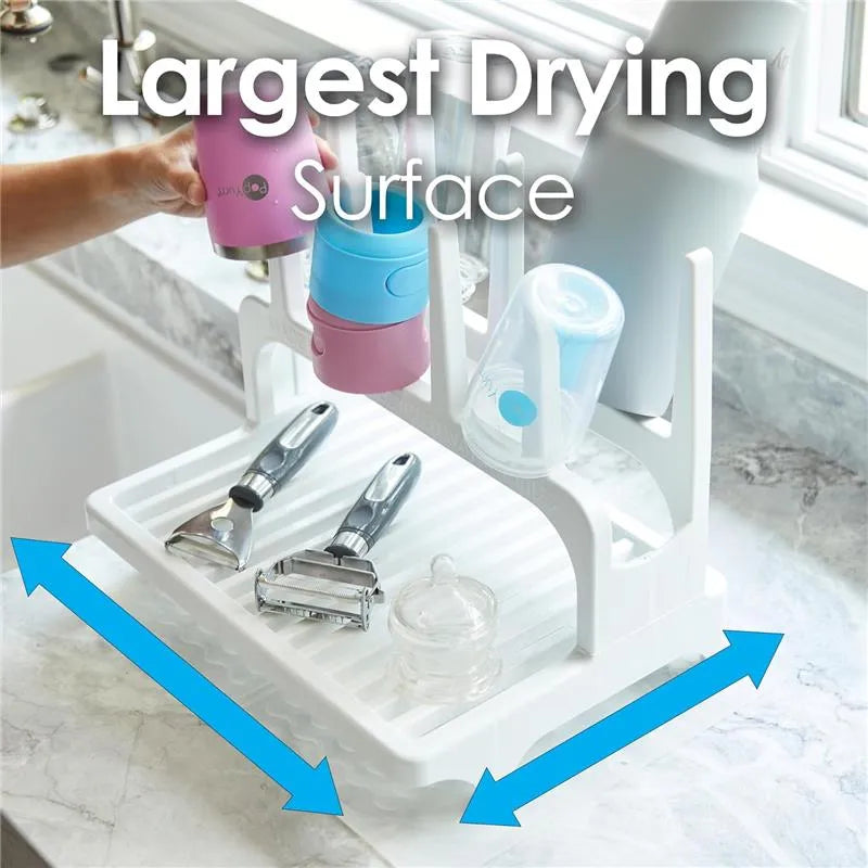 Glacier White Drying Rack holds various bottles and utensils, highlighting its large drying surface and efficient design.