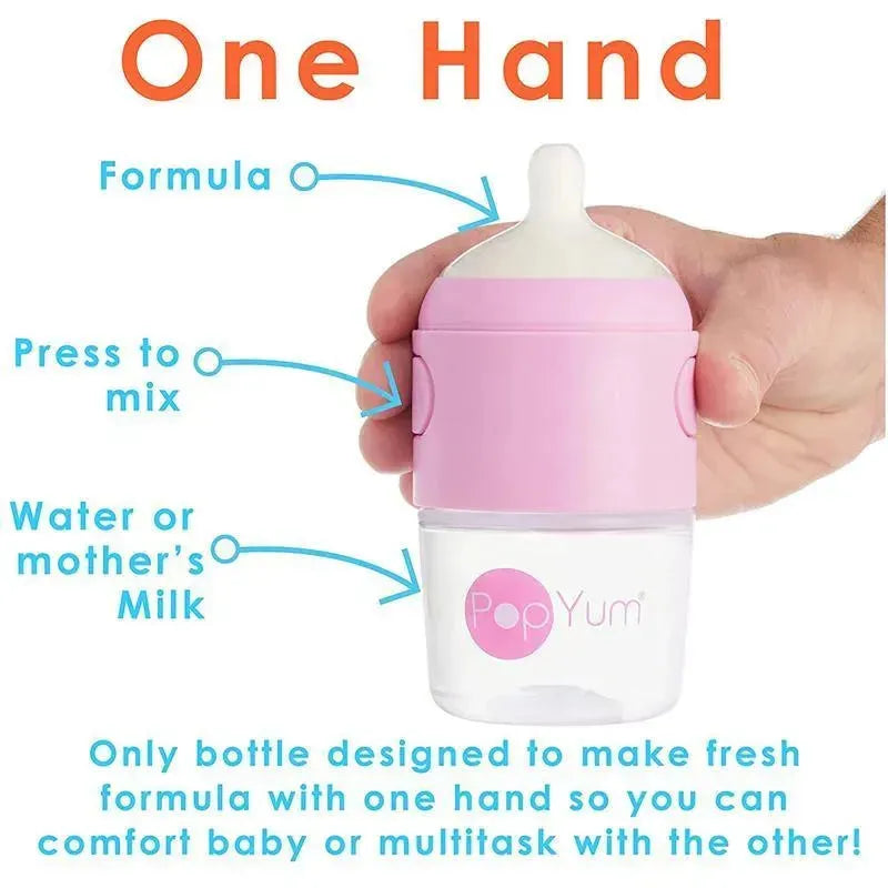 5 oz pastel purple PopYum baby bottle featuring a single hand operation, showing text details about formula mixing and usage.