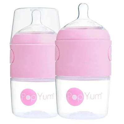Two 5 oz pastel purple baby bottles from Popyum, designed to reduce colic in infants.