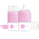 Two 5 oz Popyum baby bottles in pastel purple with anti-colic design, accompanied by a pink cap and a separate lid.