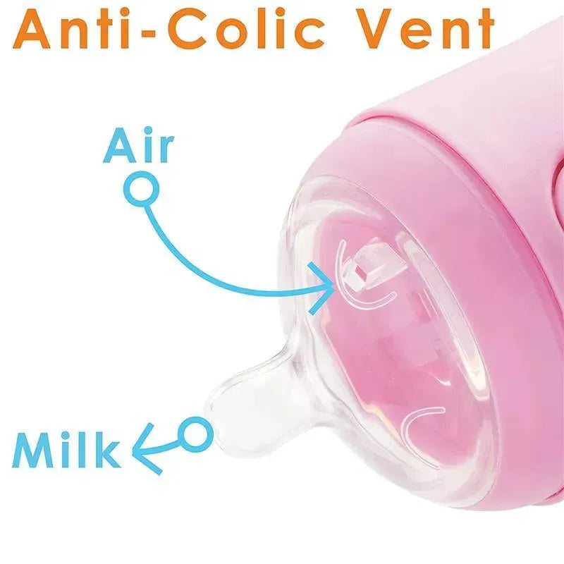 Anti-colic baby bottle design with pastel purple color, showcasing air and milk flow indicators and an anti-colic vent feature.