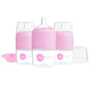 Three pastel purple 5 oz baby bottles from Popyum, designed to prevent colic, displayed with a pink cap and cleaning lid.