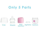 Five parts of the Popyum 5 oz anti-colic baby bottle: cap, nipple, mid-section, agitator, and bottom, labeled clearly.