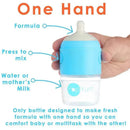 Sky blue 5 oz baby bottle, labeled PopYum, designed for one-handed mixing of formula and water or milk.