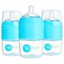 Three sky blue 5 oz PopYum anti-colic baby bottles with clear bodies and nipple tops, designed for reducing colic in infants.