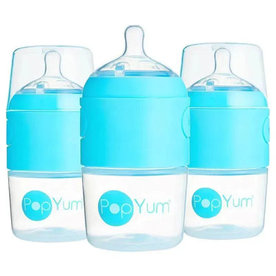 Three sky blue 5 oz PopYum anti-colic baby bottles with clear bodies and nipple tops, designed for reducing colic in infants.
