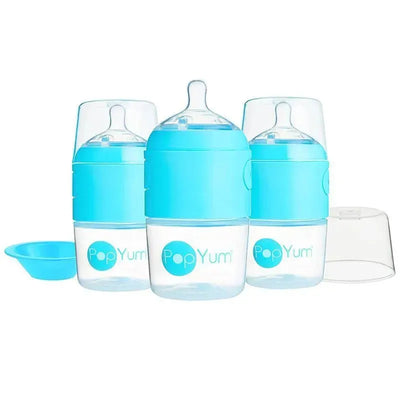 Three sky blue 5 oz PopYum anti-colic baby bottles with nipples and a blue lid, plus a matching cap.