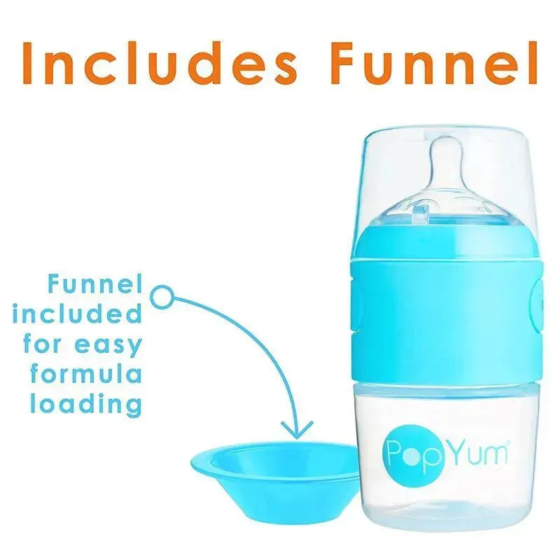 3-pack of Popyum 5 oz anti-colic baby bottles in sky blue, featuring a funnel for easy formula loading.