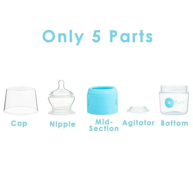 Popyum 5 oz anti-colic baby bottle parts labeled: cap, nipple, mid-section (sky blue), agitator, and bottom.