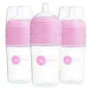 Three pastel purple 9 oz baby bottles by Popyum, designed to prevent colic, featuring clear bodies and pink accents.