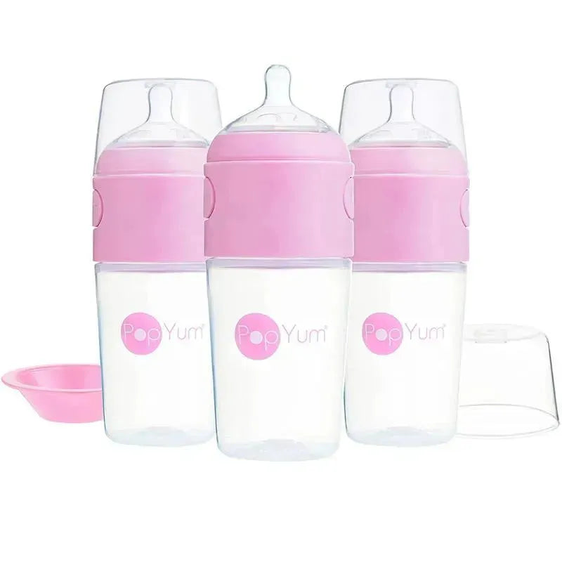 Three 9 oz pastel purple baby bottles from PopYum, designed to prevent colic, with caps and a pink silicone disk.