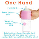 Pastel purple 9 oz bottle labeled “PopYum,” designed for one-handed formula mixing with clear indications for formula and water/milk.