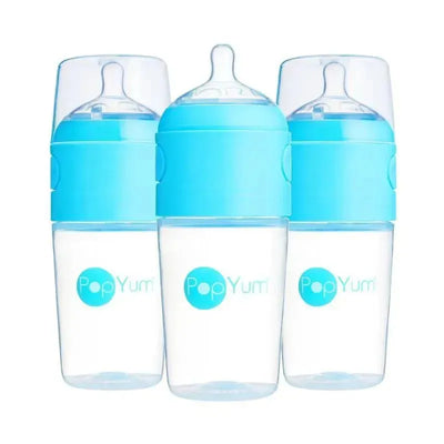 Three 9 oz PopYum anti-colic baby bottles in sky blue, featuring clear bodies and blue caps and nipples.