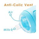 Sky blue anti-colic baby bottle showing air and milk flow directions, highlighting the anti-colic vent design.