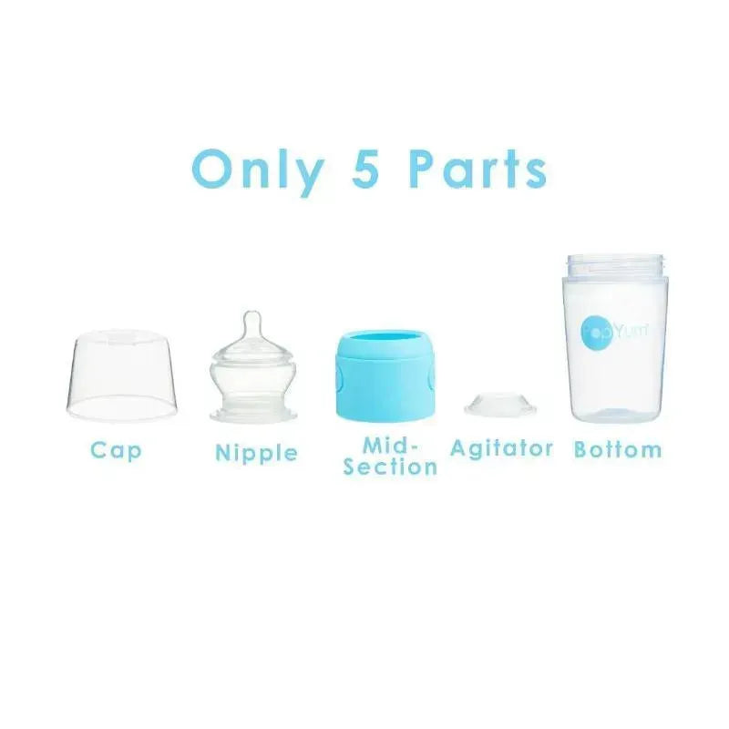 3-pack set of Popyum anti-colic baby bottles, showcasing five removable parts labeled: Cap, Nipple, Mid-Section, Agitator, Bottom.