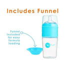 Sky blue 9 oz PopYum anti-colic baby bottle with a funnel for easy formula loading.