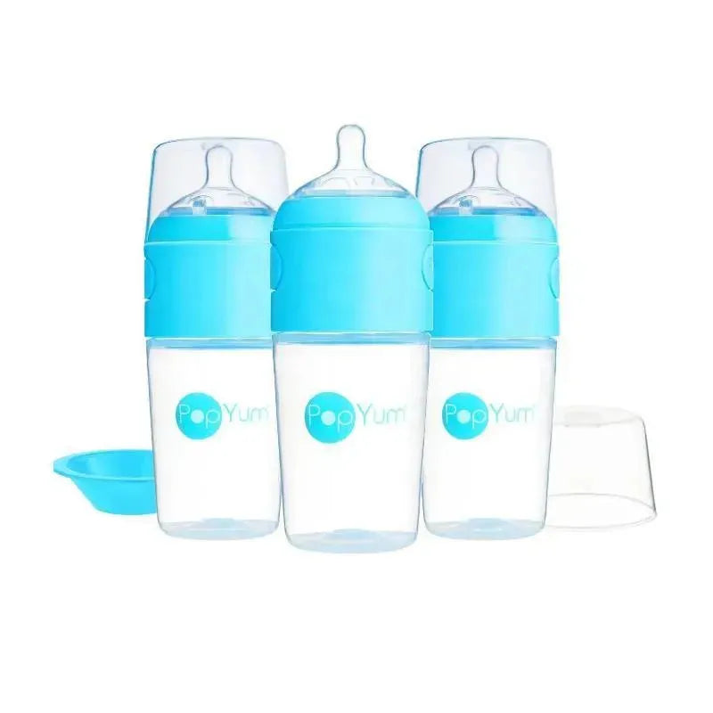 Three 9 oz Popyum anti-colic baby bottles in sky blue, featuring clear bodies and matching caps, with a nipple for feeding.