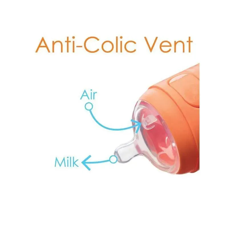 Anti-colic baby bottle with a clear nipple; features labeled airflow and milk paths for reducing colic.