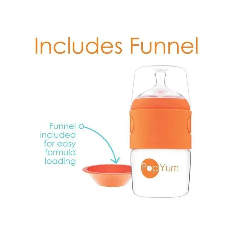 Anti-colic baby bottle set by Popyum, featuring an orange funnel for easy formula loading.