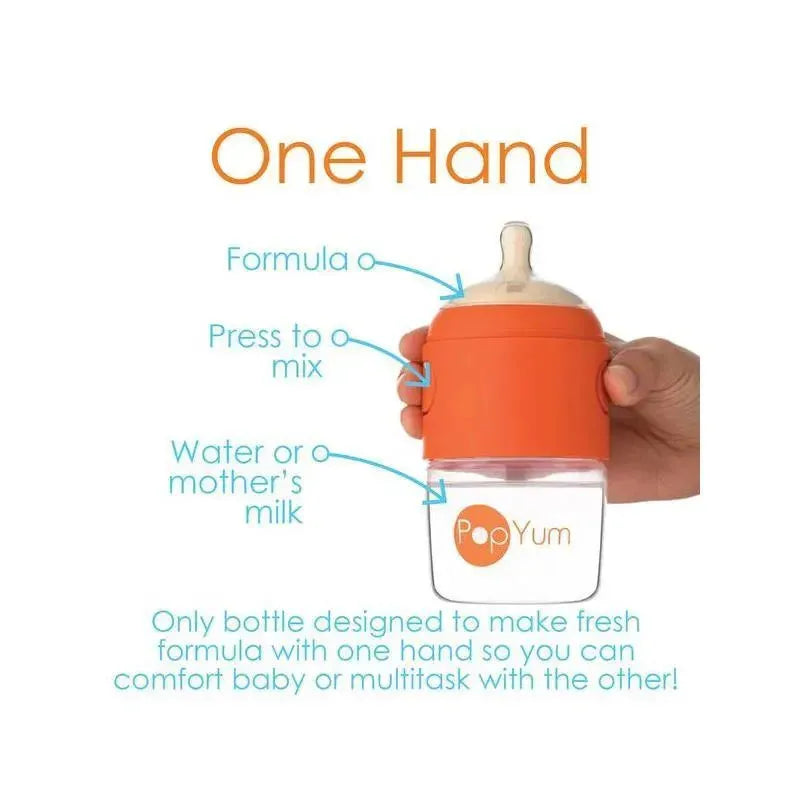 Popyum anti-colic baby bottle, 5 oz, designed for one-handed formula mixing with labeled instructions.