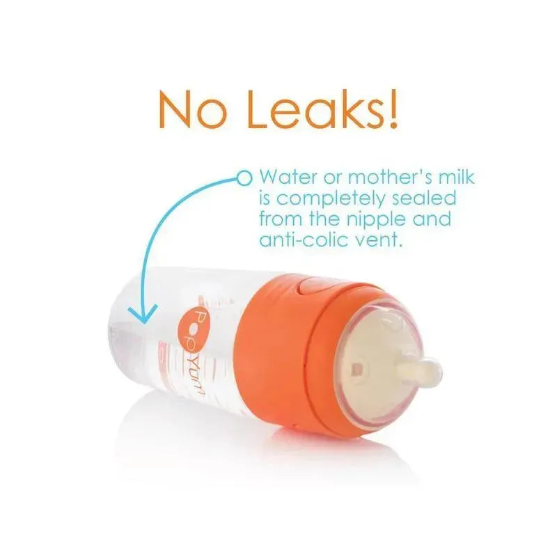 Popyum anti-colic baby bottle with orange cap, featuring a no-leak design and a transparent body describing sealing technology.