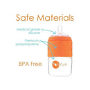 Anti-colic baby bottle by PopYum, featuring safe materials: medical grade silicone, premium polypropylene, BPA free.