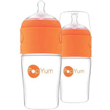 Two PopYum baby bottles, 9 oz each, with orange caps and clear bodies, designed to reduce colic.