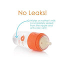 Popyum anti-colic baby bottle, 9 oz, with an orange cap; features text about leak prevention and milk sealing.