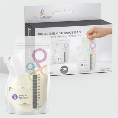 Breastmilk storage bags from Primo Passi, 100 bags included, designed for storing and freezing breastmilk.