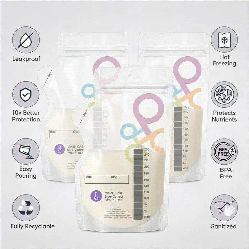 Primo Passi breastmilk storage bags showcasing leakproof design, measurement markings, and features like BPA-free and easy pouring.